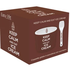 Bol à glace avec cuillère, dans une boîte Keep CALM AND EAT ICE CREAM BROWN