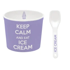 Bol à glace avec cuillère, dans une boîte Keep CALM AND EAT ICE CREAM PURPLE