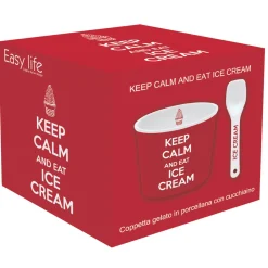 Bol à glace avec cuillère, dans une boîte Keep CALM AND EAT ICE CREAM RED