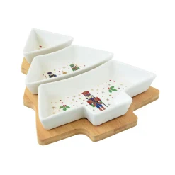Ensemble apéritif avec 3 bols en porcelaine et plateau en bambou NUTCRACKER