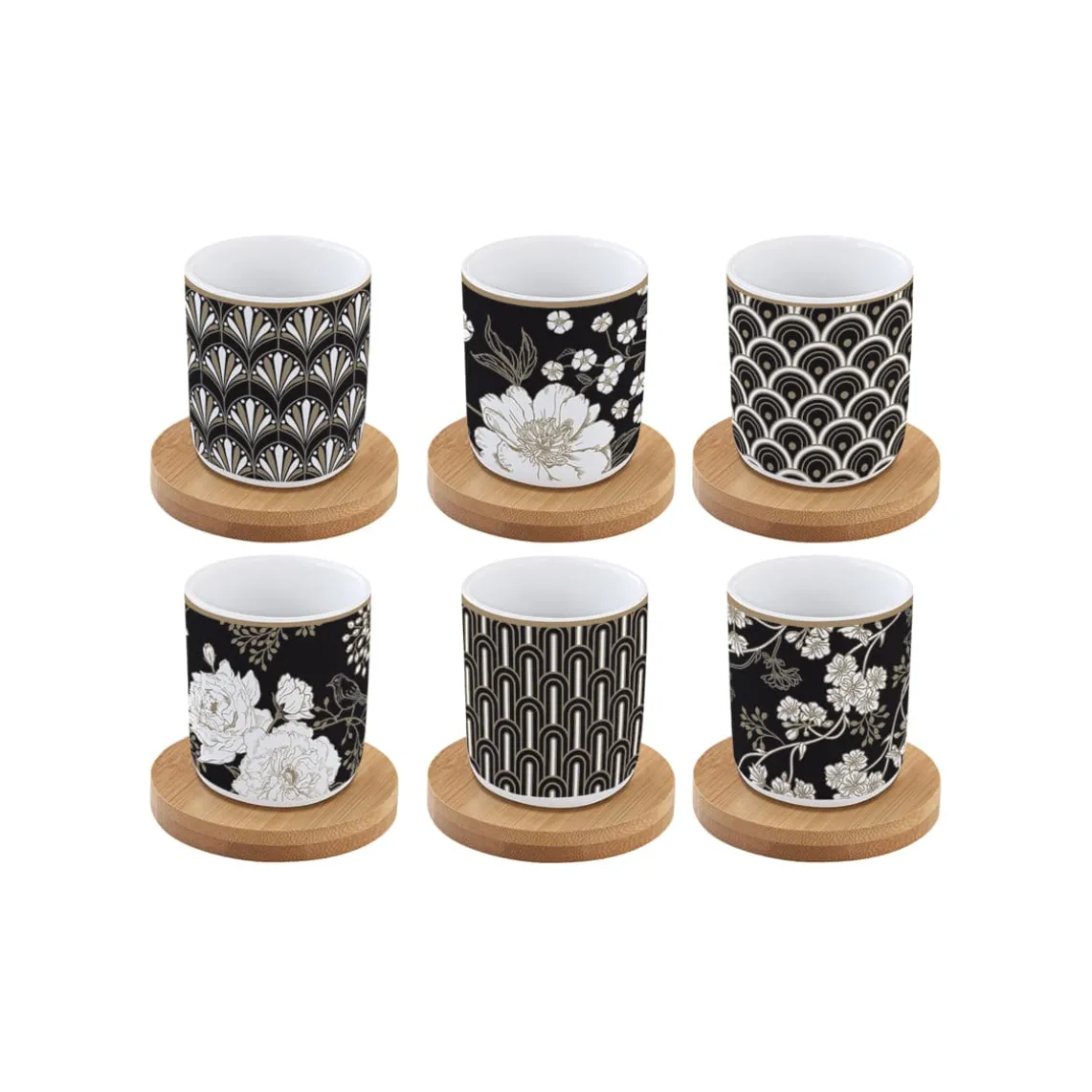 Ensemble de 6 petits verres à café avec soucoupes en bambouART DECO & FLOWERS