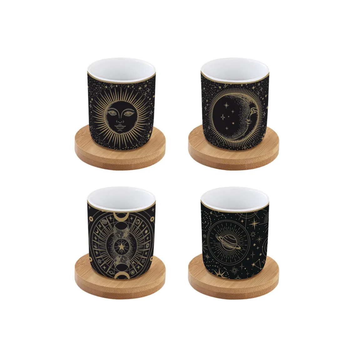 Ensemble de 4 petits verres à café de 110 ml avec soucoupes en bambou, dans une boîte cadeau CELESTIAL