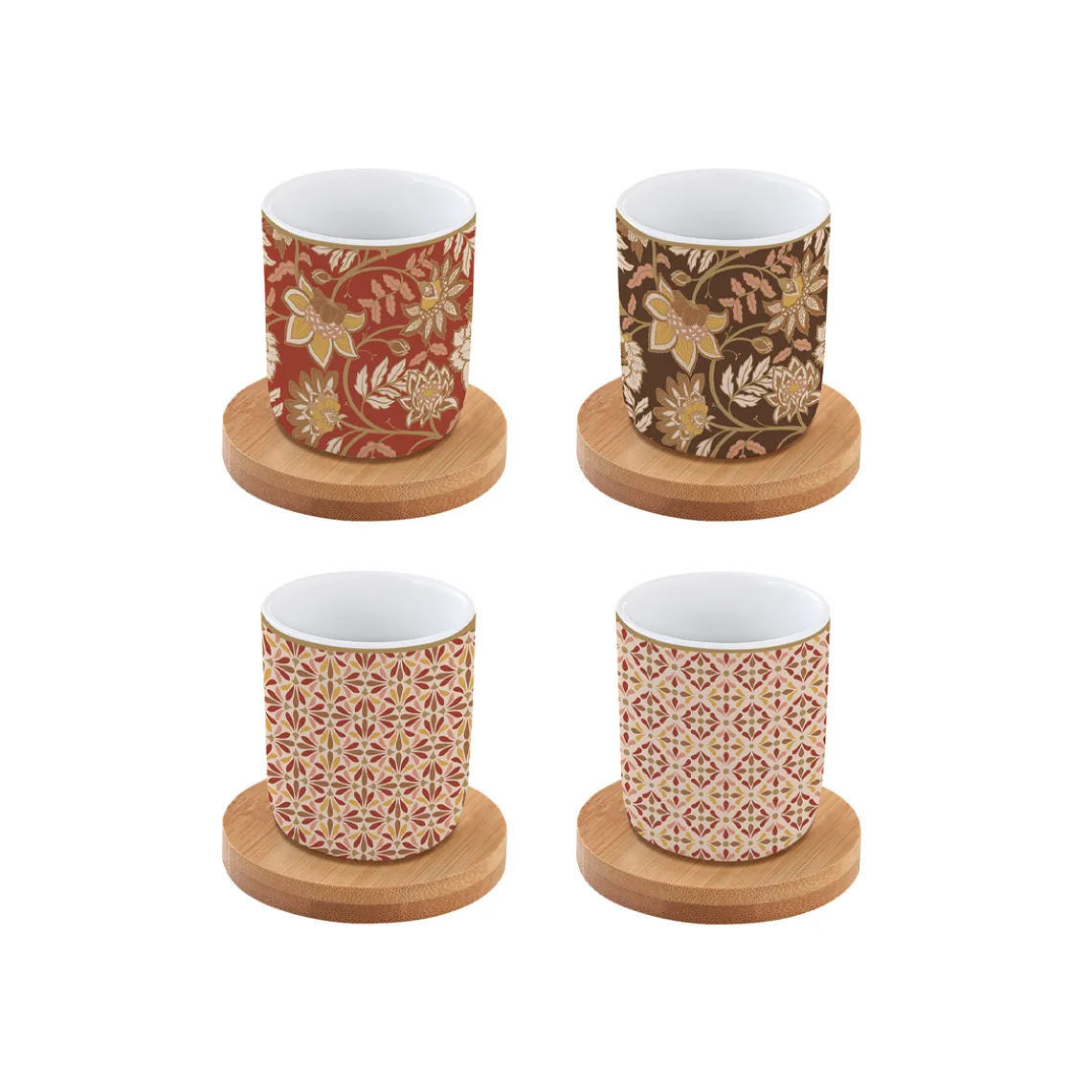 Ensemble de 4 tasses à café en porcelaine avec soucoupe en bambou 110 ml FLEURS DES RÊVES