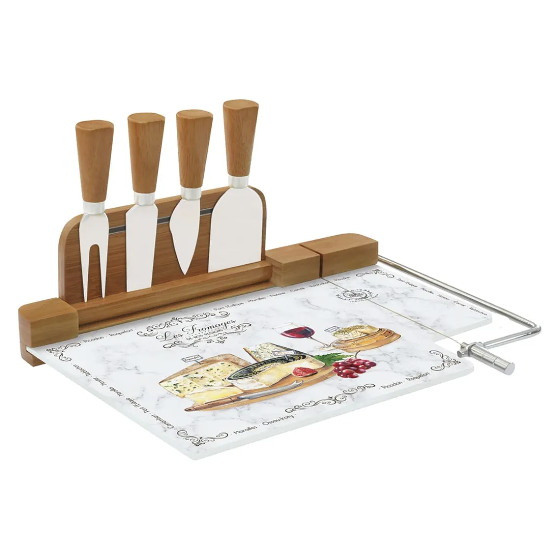 Planche à fromage avec fil et 4 couteaux à fromage LES FROMAGES