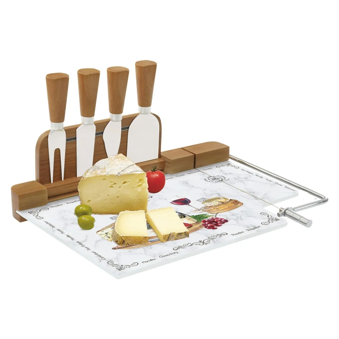 Planche à fromage avec fil et 4 couteaux à fromage LES FROMAGES