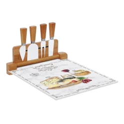 Planche à fromage avec plateau en verre et 4 couteaux à fromage LES FROMAGES