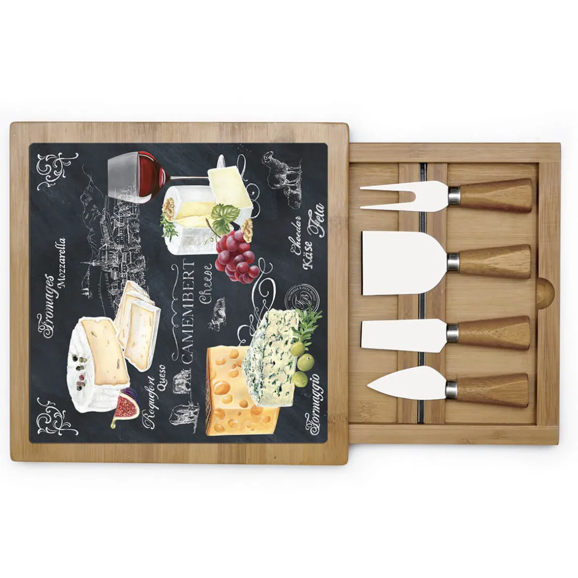 Planche à fromage en bambou avec plateau en verre et couteaux WORLD OF CHEESE