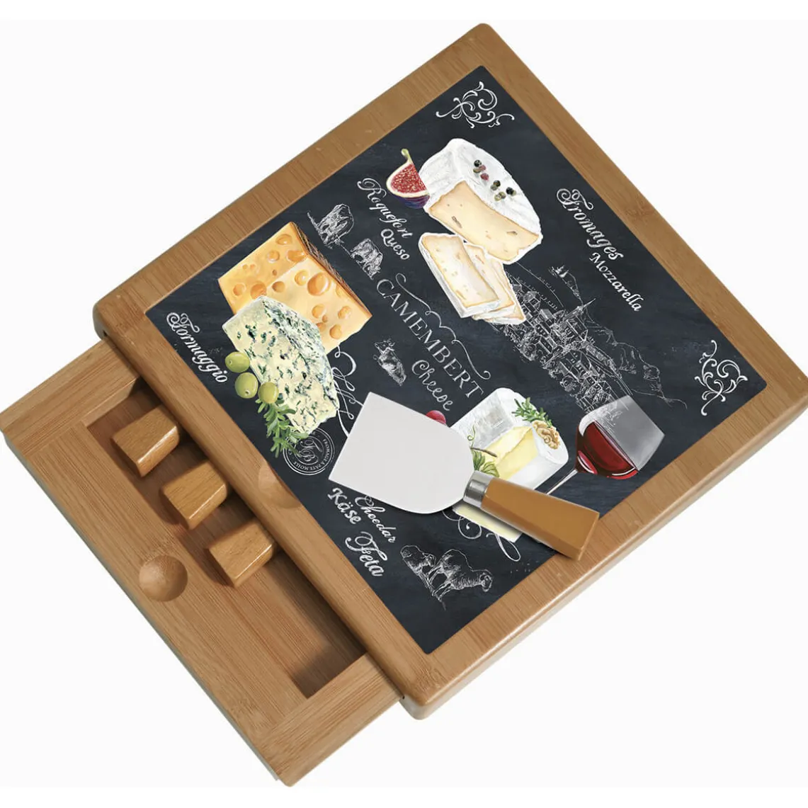 Planche à fromage en bambou avec plateau en verre et couteaux WORLD OF CHEESE