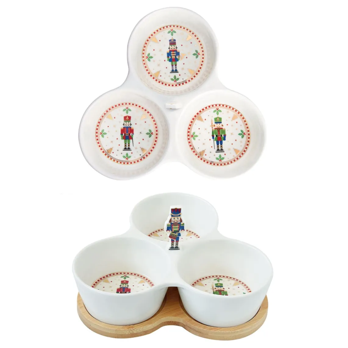 Set apéritif avec 3 bols en porcelaine et support en bambou NUTCRACKER