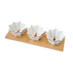 Set apéritif avec 3 bols en porcelaine et support en bambou NUTCRACKER