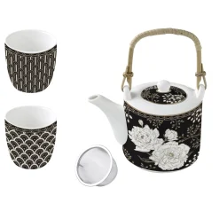 Théière avec infuseur et 2 petites tasses ART DECO & FLOWERS