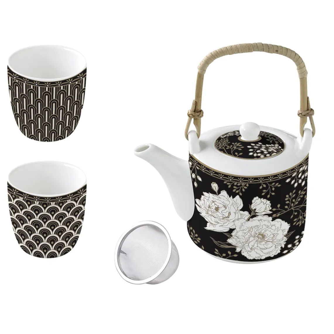 Théière avec infuseur et 2 petites tasses ART DECO & FLOWERS